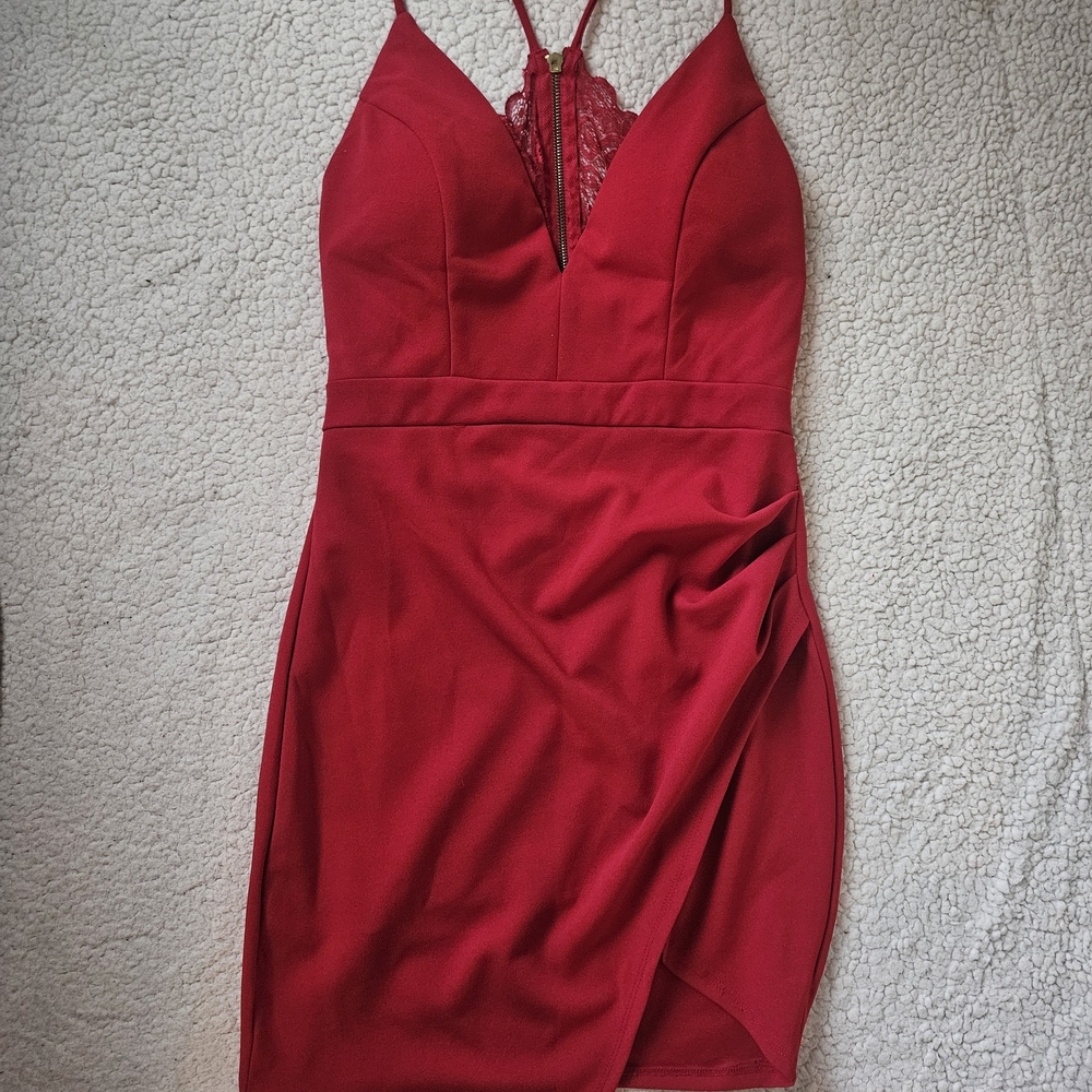 Emerald Sundae Asymmetrical Red Dress with Lace Detail